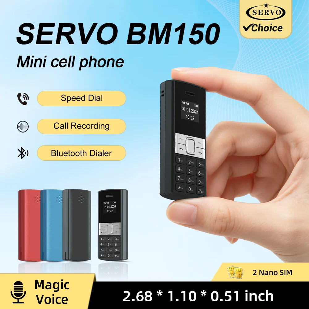 SERVO BM150 Super Mini Pocket Feature Phone Dual SIM Bluetooth Call Recording Magic Voice Speed Dial Black List Backup Cellphone