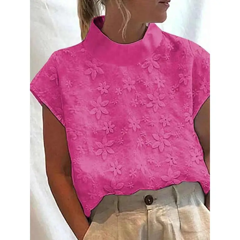 

Women's Cross Border 2025 Embroidered Floral irt Loose Fit Knot Cotton Blend ort Sve round Ne Thin Cotton