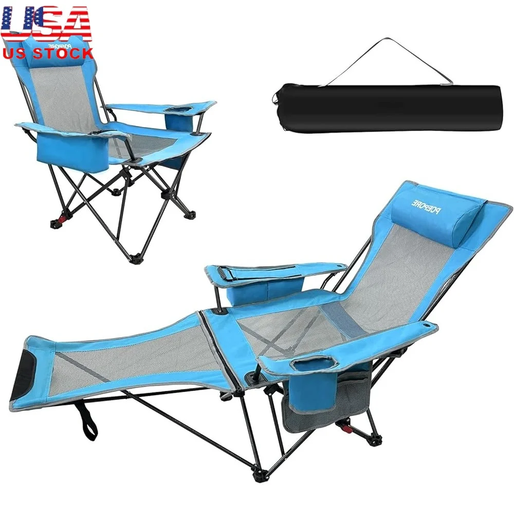 

Reclining Camping Chair with Detachable Footrest Cooler Bag Cup Holder Lightweight Portable 265lbs Capacity 4 Position Lounger