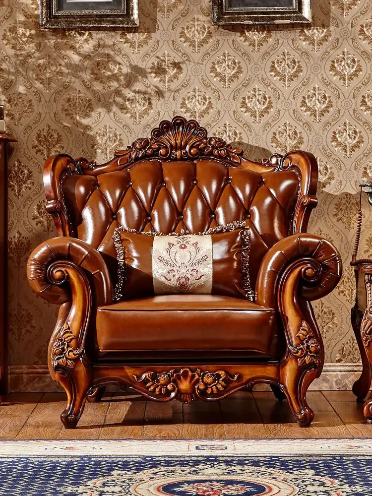 European antique solid wood leather sofa combination American retro first floor cowhide sofa living room luxury villa