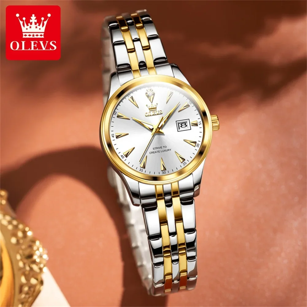 Olevs elegante relógio de quartzo original para mulheres luxo aço inoxidável relógio feminino à prova dwaterproof água luminosa data moda relógio de pulso