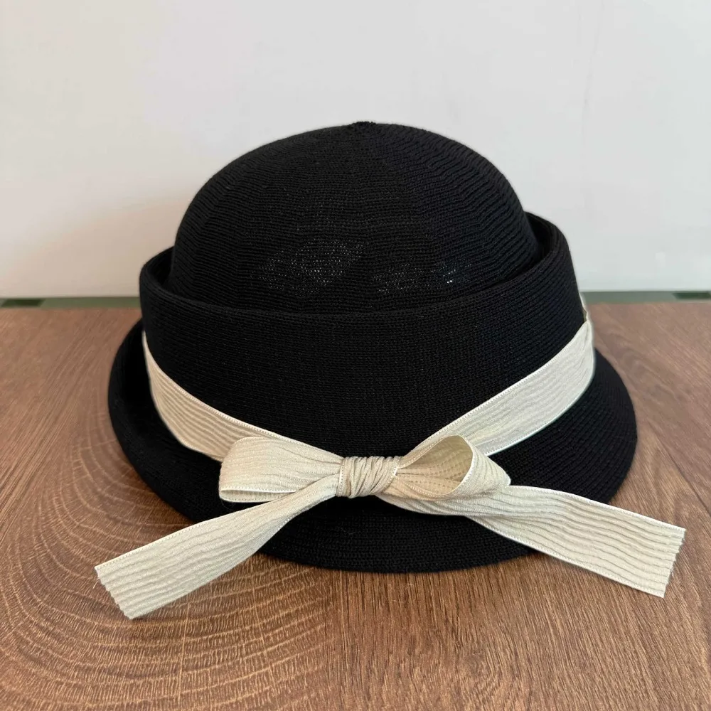 

Retro Bowknot Bow Topper Hat Weave Knitted Hepburn Style Formal Hat Pure Color French Style Fisherman Hat Spring Summer