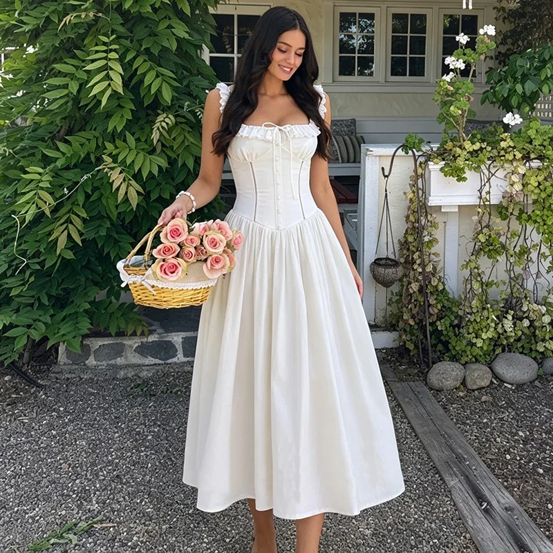 

Elegant Square Neck Suspender Dress Women's High Waist Sleeveless White Long Dress Banquet Party Female Summer Dress
