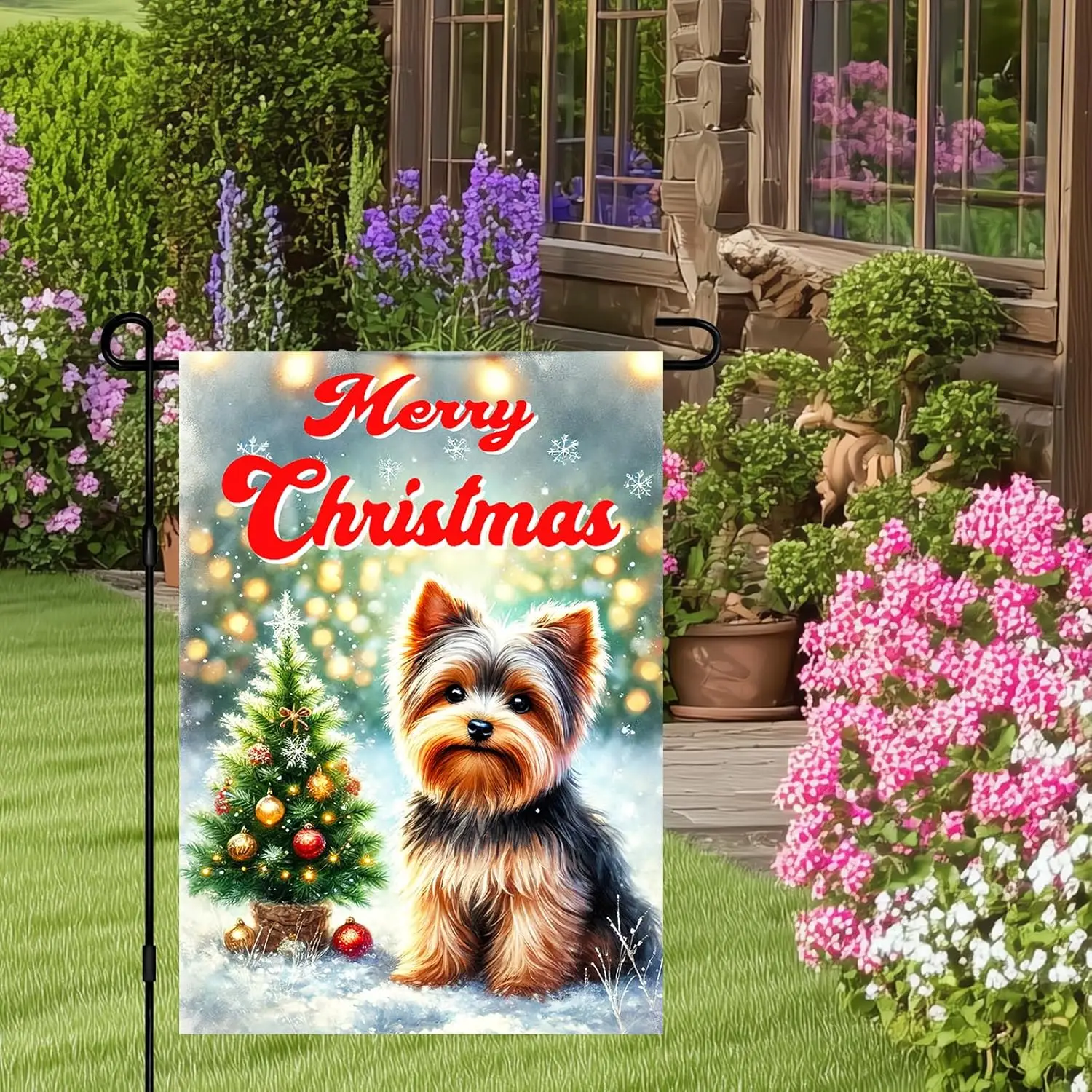 Winter Christmas Garden Flag Merry Christmas Decorations Yorkshire Terrier Holiday Yard Banner Cute Puppy Lawn Decoration Do IIK