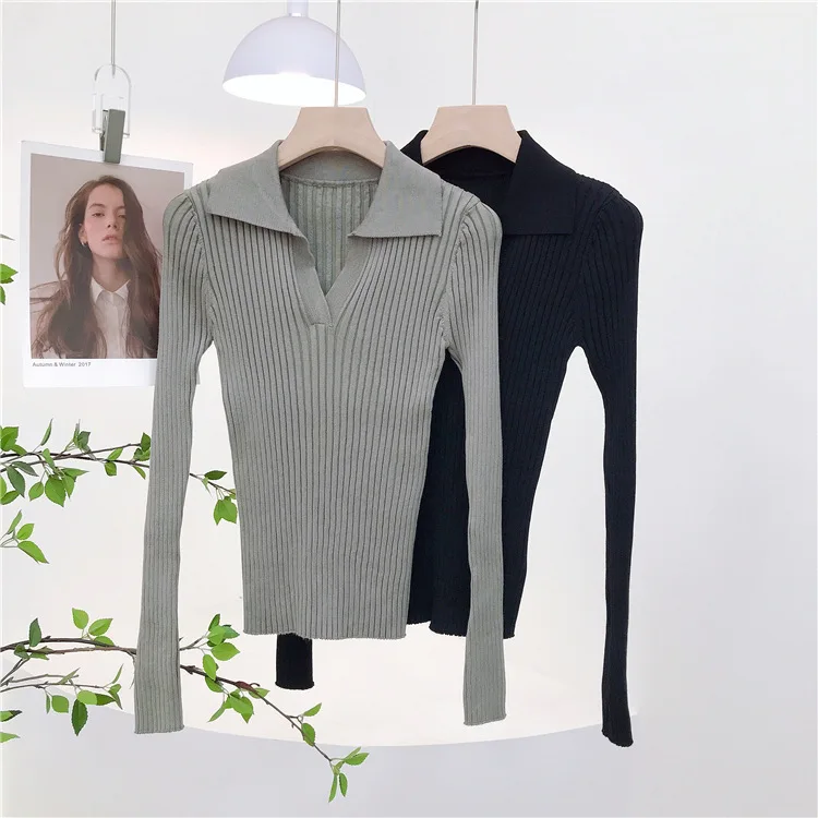 Sweter z dzianiny o dopasowanym kroju, z kołnierzykiem polo w stylu francuskim, 14 igieł, gęsty, nierozciągliwy, prążkowany, model 7375.