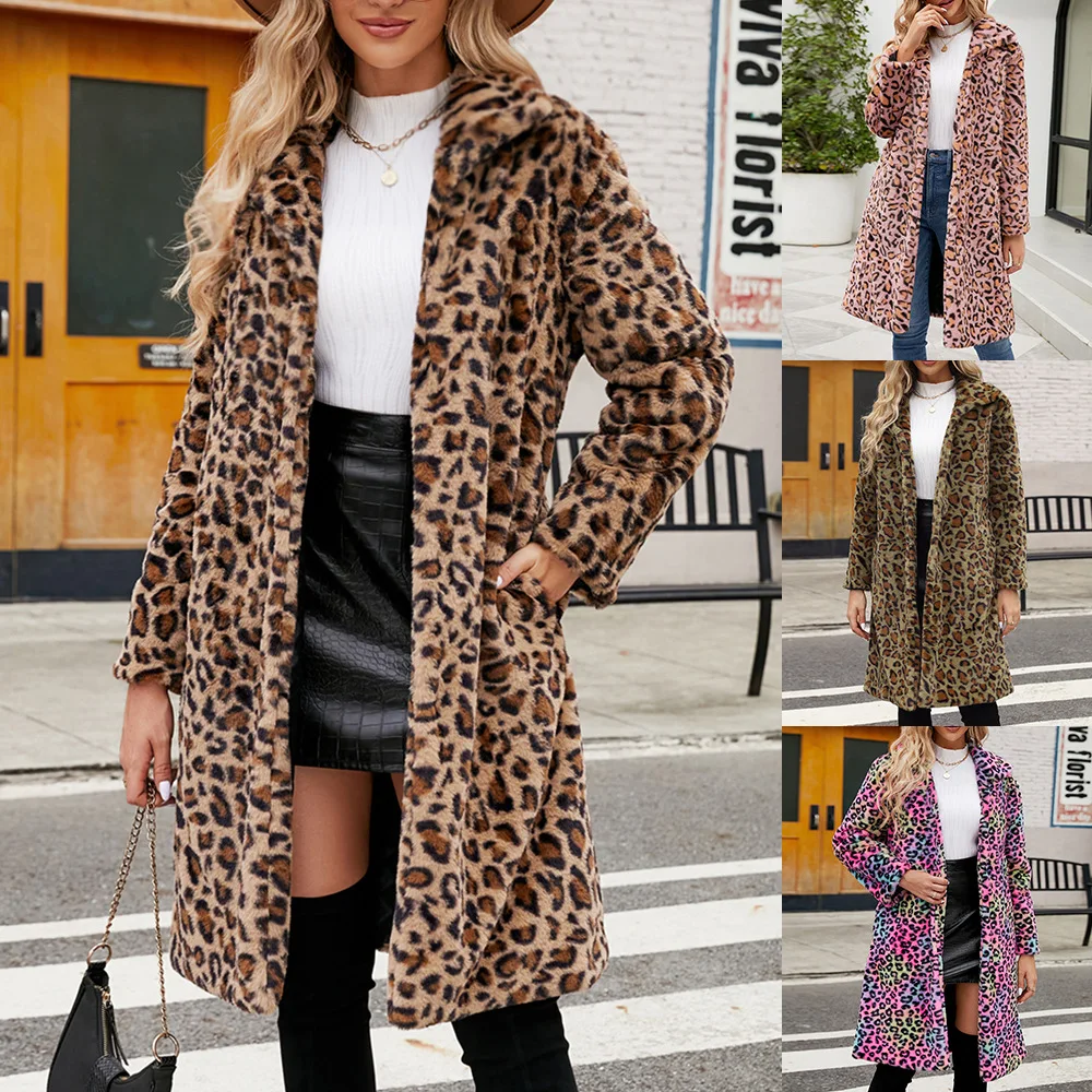 Autumn Winter Fur Coat Women Fashion Casual Square Collar Imitation Leopard Faux Fur Coat Plush Long Coat Winter Jacket 2024