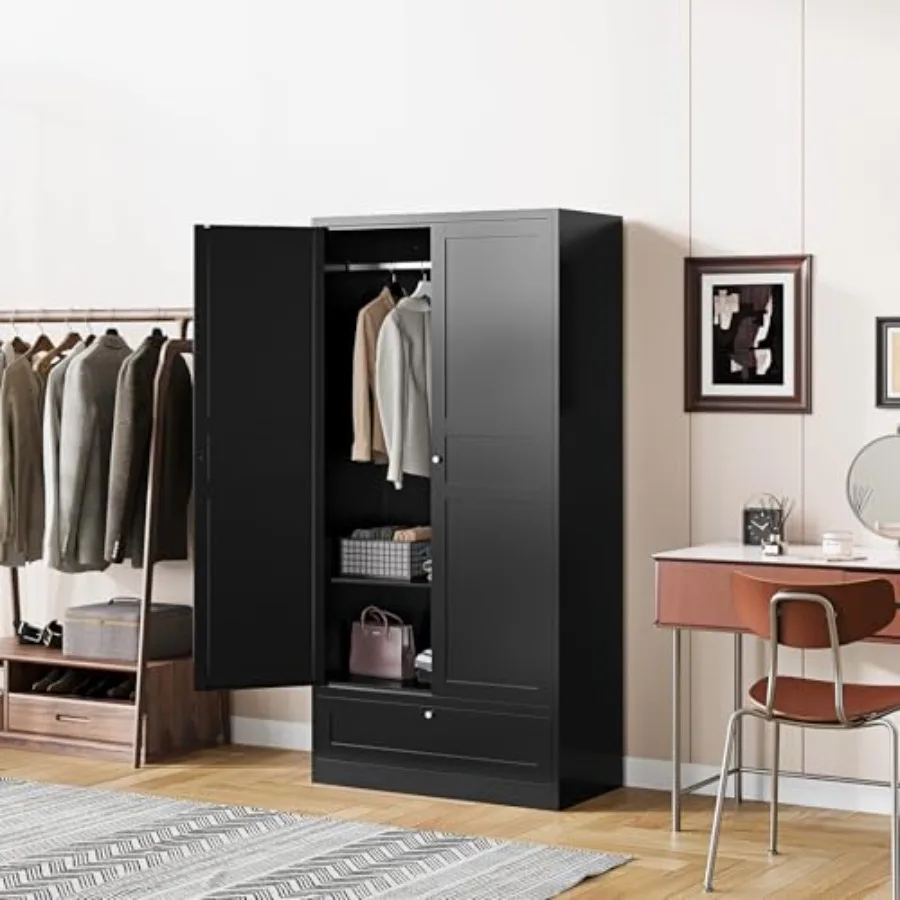72 X 36 X 18 Black Metal Wardrobe Armoire with Drawers and Hanging Rod for Home Office Bedroom Storage Solution Durable Steel C