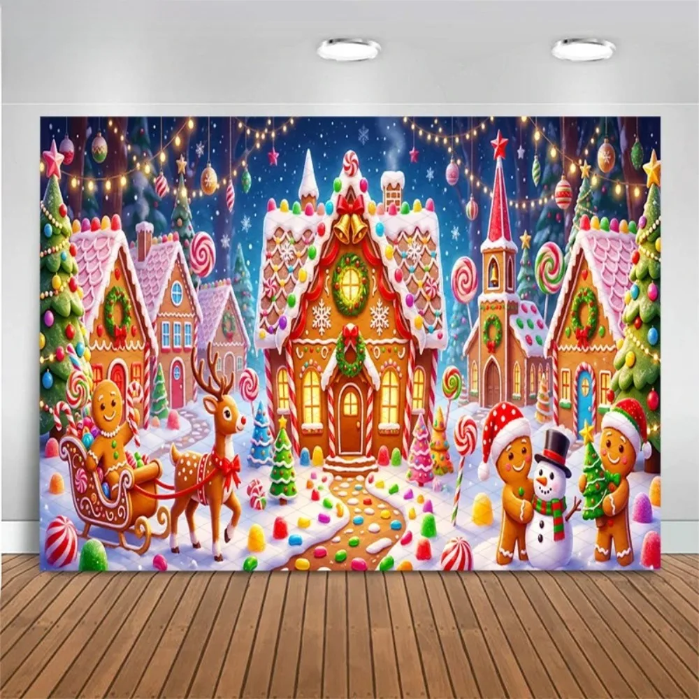 Christmas Candy Gingerbread House Wreath Clock Snowflake Theme Background, Christmas Party Decoration Photography Background