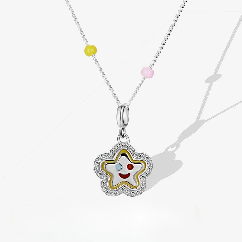 

S925 Silver Sweet Cool Style Smiling Face Five Pointed Star Necklace, Female Niche Design, Enamel Drip Glue Collarbone Chain