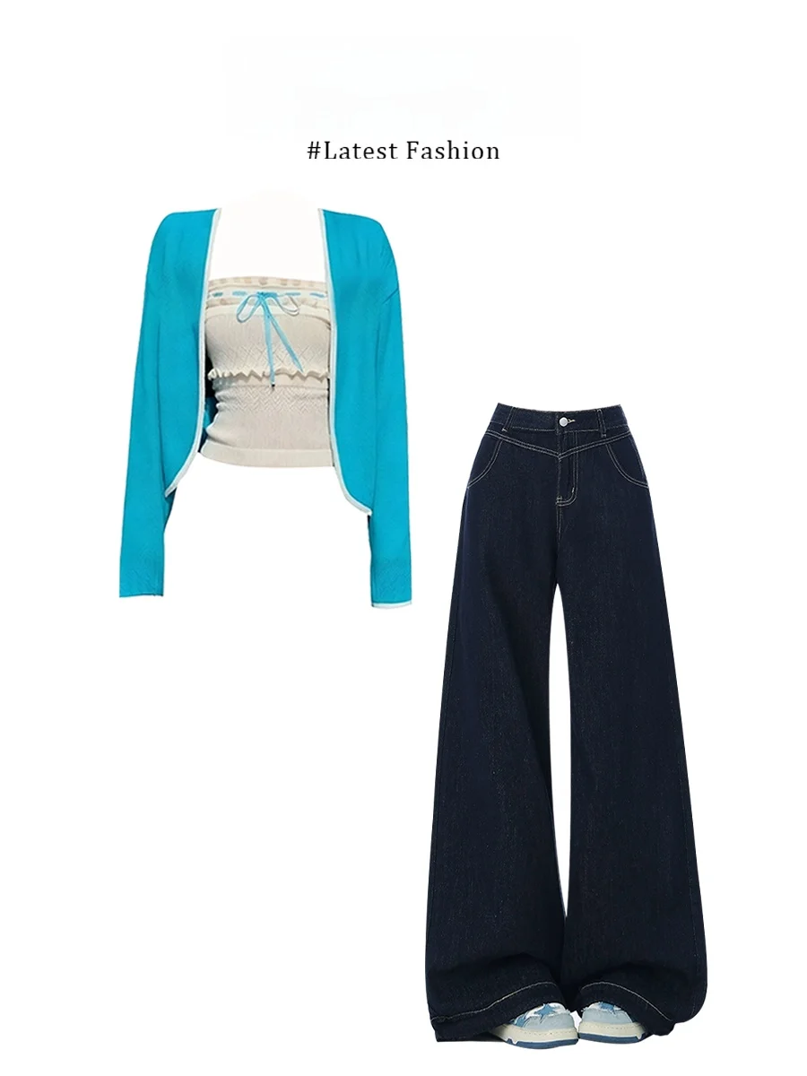 

Parkyeon Korean Style Sweet Fashionable Light Blue Knitted Cardigan And Straight Leg Jeans Set Women's Spring Casual Wear