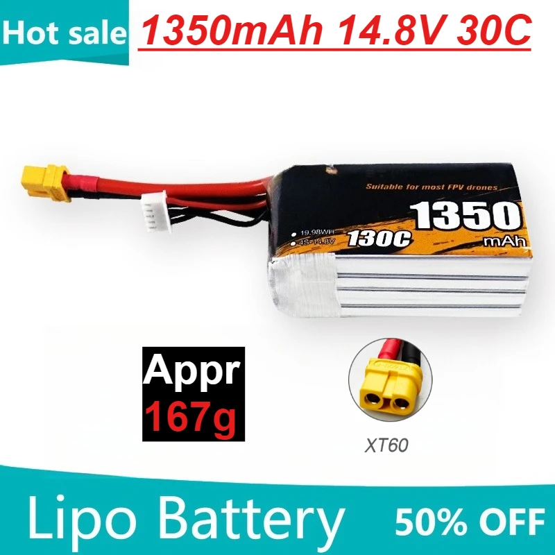 

2025 Year New 1350mAh 4S 14.8V 30C Lipo Battery with XT60 Plug for FPV Racing Drone RC Quadcopter Toy Car Model