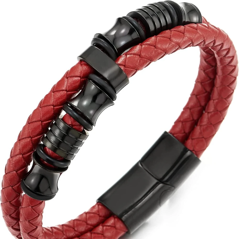 Männer Zweireihige Gewebte Leder Armbänder Armband Edelstahl Glück Perlen Armband Mode Schmuck Zubehör – Detail 6