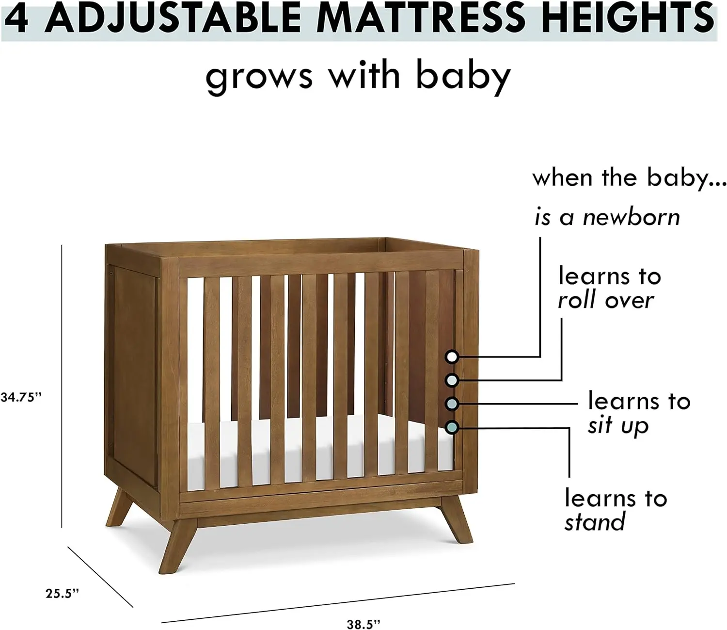 3-in-1 Convertible Mini Crib with 4" Mattress in Walnut, Greenguard Gold Certified