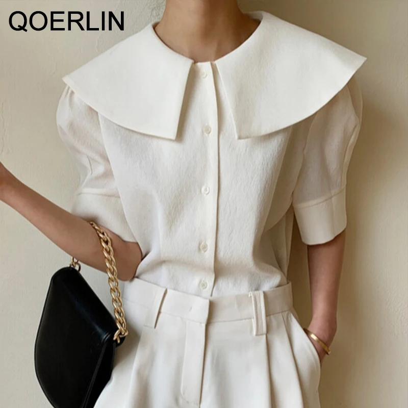 QOERLIN Retro Big Lapel Ladies Tops Summer Short Sleeve Loose Shirt White Elegant Button Up Blouse Women Blusas Chic Workwear