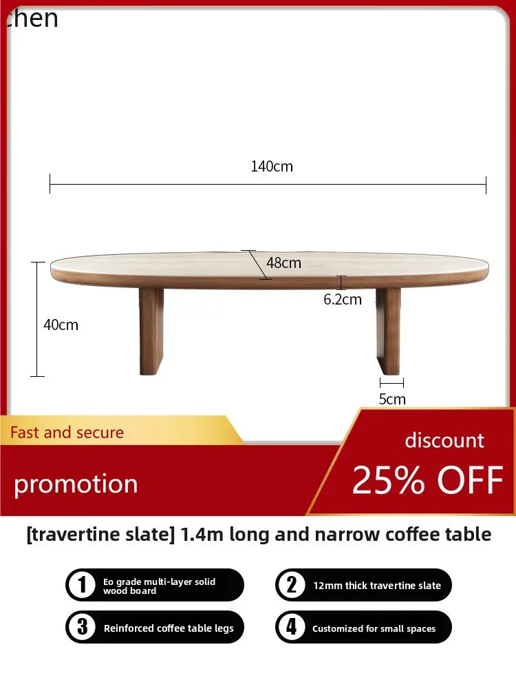 

CZ Solid Wood Coffee Table Stone Slab for Room Vintage Style, Small Apartment, Long Narrow Tea Table, Minimalist Long Table