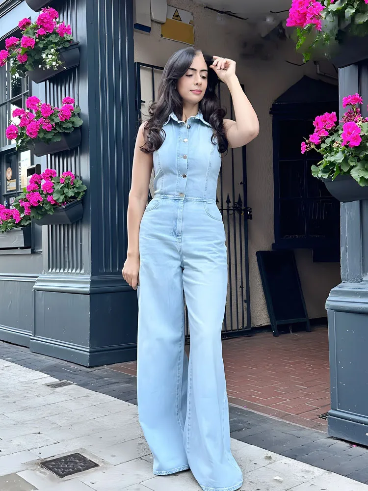 ​​HH Women Fashion Jumpsuit Denim Blue Sleeveless Backless Pockets Single Breasted Female Summer High Street Jumpsuits