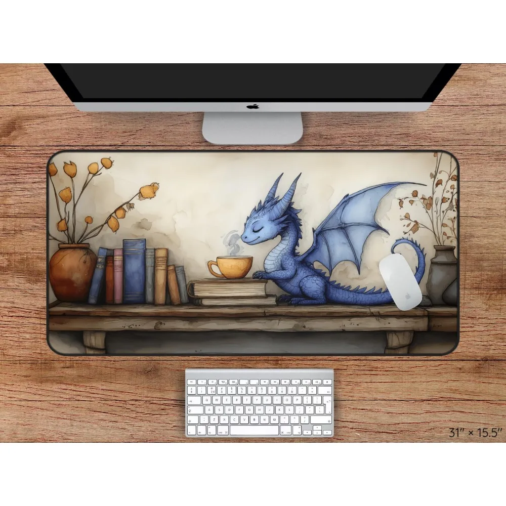 Cute Dragon Desk Mat, Blue Dragon Mouse Pad, Fantasy DeskMat, Bookworm mousepad, Book Lover Gift,Watercolor Art Desk Mat