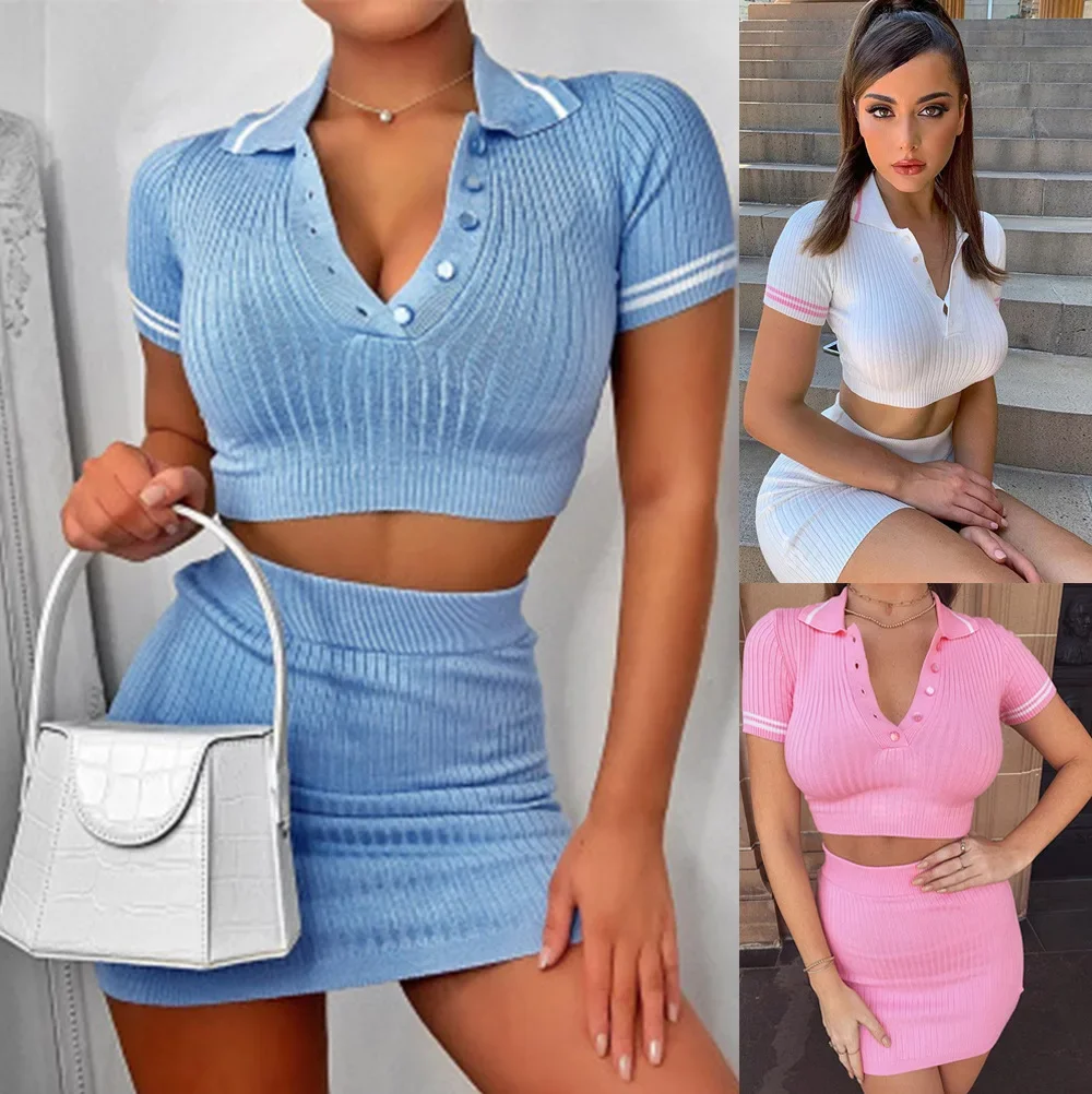 Sexy Slim Skirt Two Piece Set Women Crop Tight Sweater Package Hip Knitted Mini Skirts Sets Trendy Streetwear 2025 Spring New