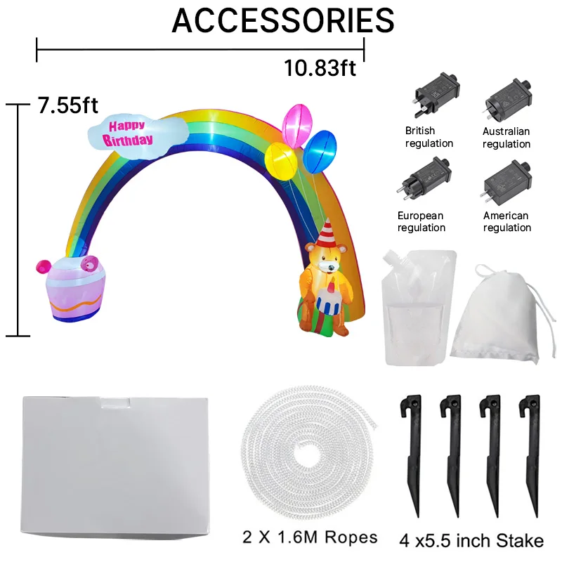 10.83FT/3.3M Birthday Inflatable Toy Arch Teddy Bear Birthday Cake WithLED Light Rainbow Archway Party Outdoor Garden Yard Decor