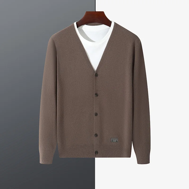 Autumn And Winter New Pure Wool Knitted Cardigan Men's Sweater Business Simple Casual V-neck Coat Slim Bottoming Shirt