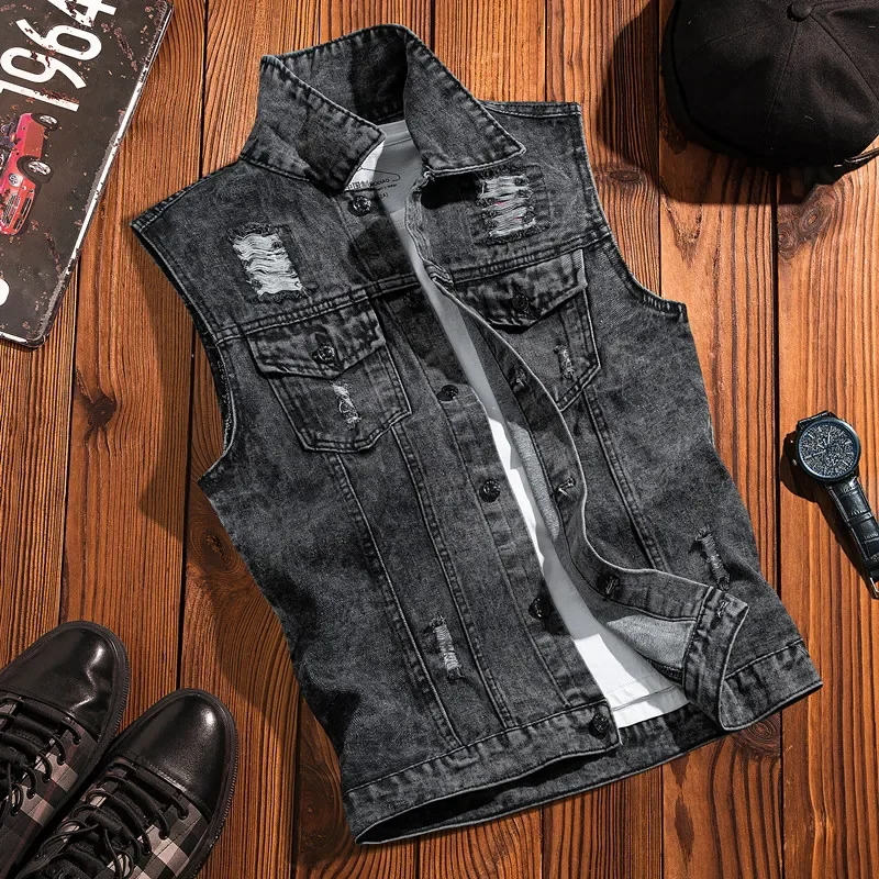 New 2024 Spring Autumn Men Lapel Denim Vest Mens Casual Sleeveless Jeans Jacket Male Streetwear Solid Color Waistcoat