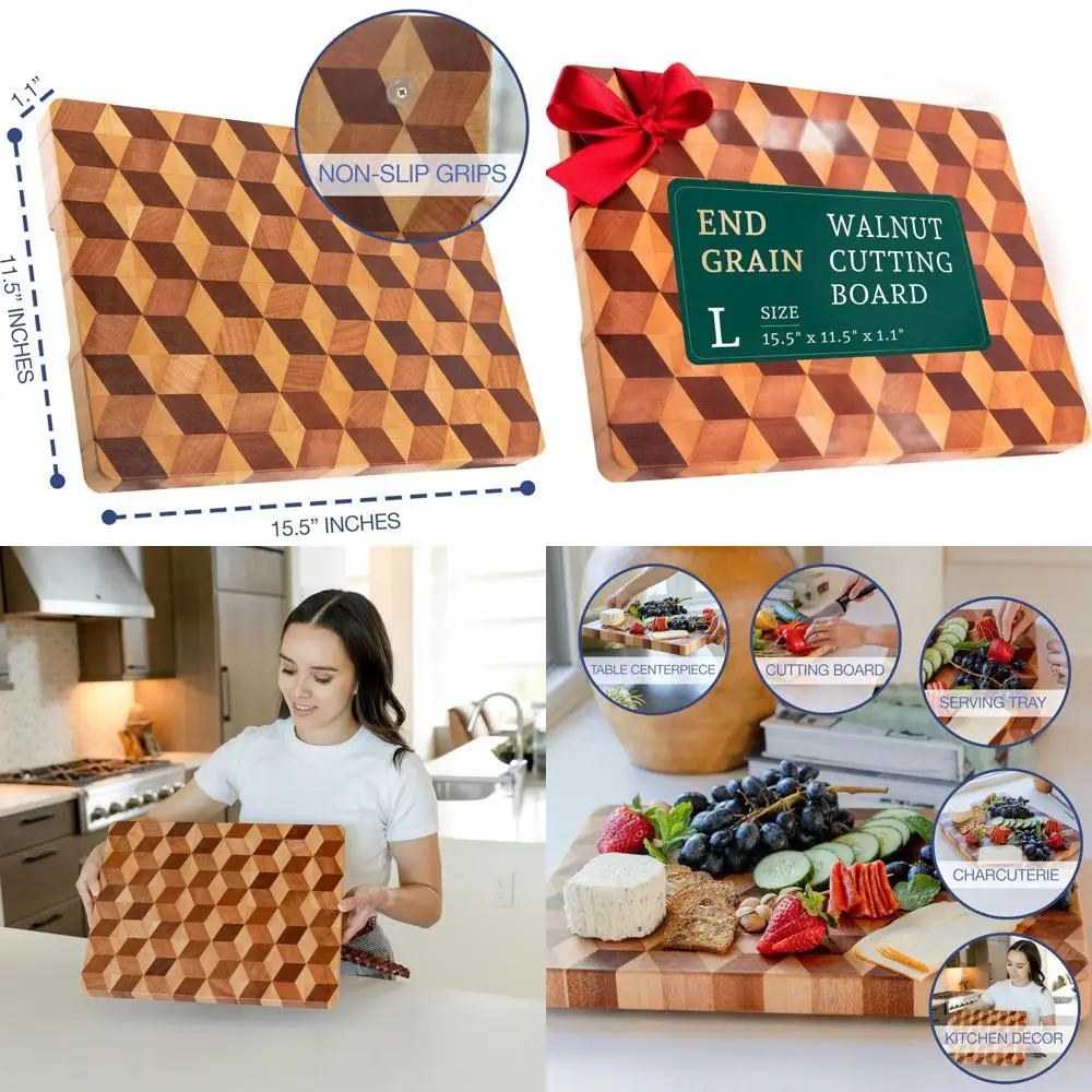 

Large 15.5x11.5 Walnut Chopping Block with Non-Slip Grips, 1.1 Thick, Ideal for Kitchen & Charcuterie