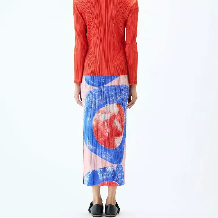 ISSEY 2026 New Arrival Women's Tailored Fit Slimming Print Split Mid-Length Pleated Skirt