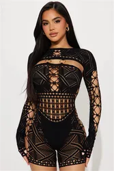 Long Sleeve Hollow Out See Through Women Playsuits Black Knitted Skinny Rompers Sexy Nightclub Party Wear Female Outfits