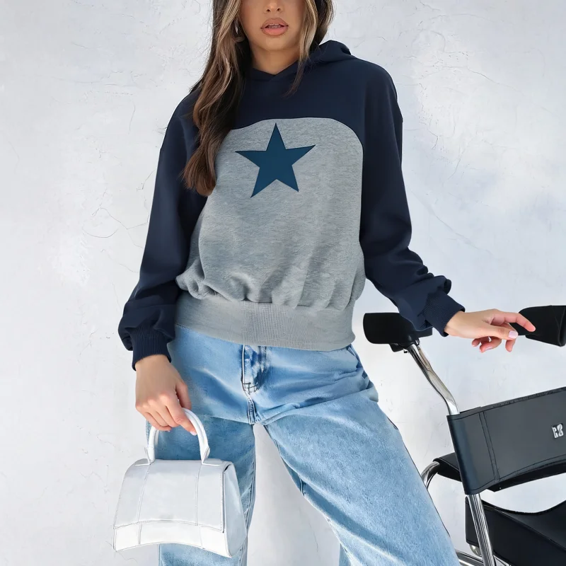 Mia Muse Women'S Sweatshirts Autumn Stitching Five-Pointed Star Color Block Elastic Long Sleeve Pillover Hoodie Casual Sweatshir