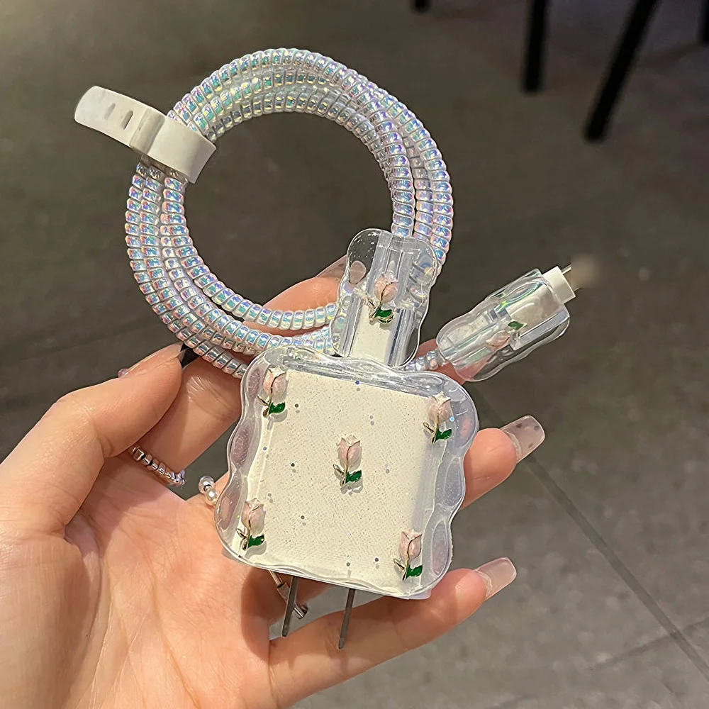 Kawaii bonito metal tulipa glitter onda borda epóxi usb protetor capa para iphone 18w/20w cabo de cabeça linha dados casos carregamento rápido