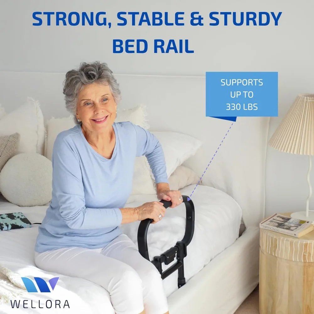 Foldable Adjustable Bed Safety Rail for Elderly - Supports 330lbs, LED Light & Storage Bag Included - Fits All Mattress Sizes