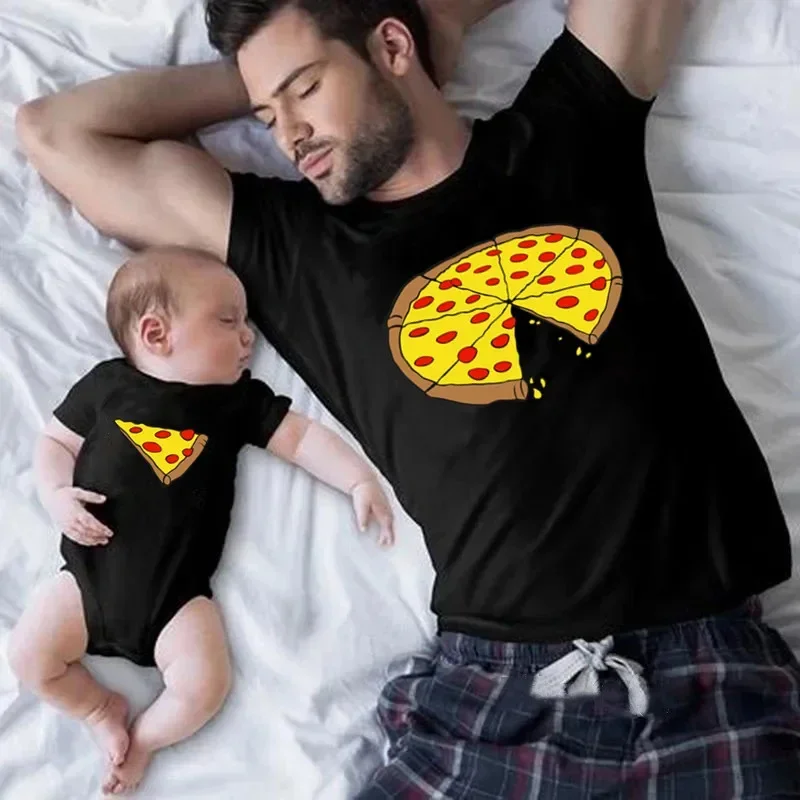 Funny Pizza and Pizza Slice Print Family Matching Shirts Cotton Dad and Daughter Son Kids Tshirts Baby Rompers Father\'s Day Gift