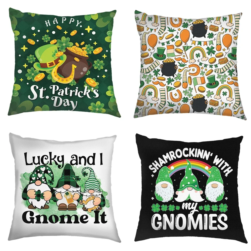 St. Patrick’s Day Print Cushion Cover Leprechauns Gnome Gnomies Pillowcase Home Decor Linen Throw Pillow Covers for Living Room