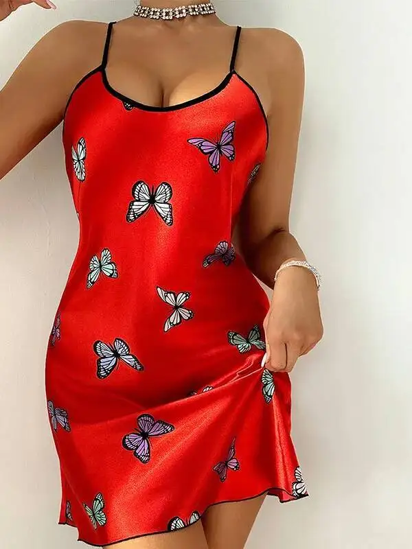 فستان نوم بحزام من الحرير الجليدي فستان حريري كاجوال بحزام مطبوع على شكل فراشة فستان نوم نسائي بدون ظهر رغبة نقية RXGU #2