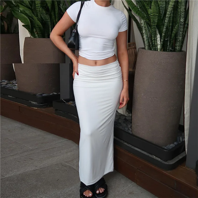 Slim Crop Top Tees Long Skirts Two Piece Set For Women 2024 Summer Short Open Navel Tshirt High Waist Wrapped Skirt Casual Set