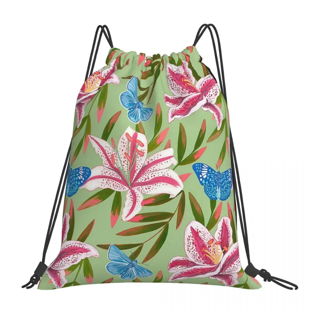 Dizzy Oriental Lily Floral Pattern With Blue Butterflies On Green Backpacks Drawstring Bags Drawstring Bundle Pocket Bag BookBag