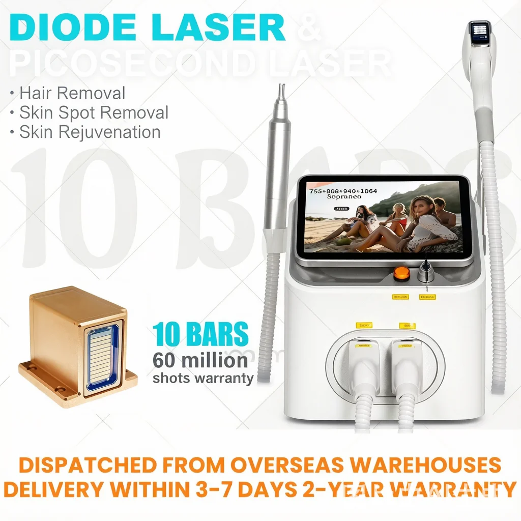 NEW Diode Hair Removal Picosecond 2 In 1 5000W 10 Bars 808NM 4 Waves Q Switch ND YAG Tattoo Pigment Scar Ice Painless Machine