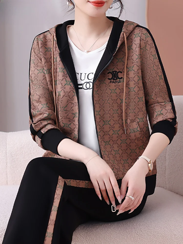 

Sportswear Set for Middle-Aged And ly Women Spring Autumn Casual Hooded Top Long Pants Polyester Fiber Zipper Closure Fl...