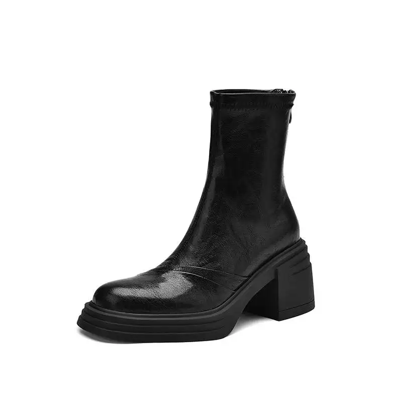 Krazing Pot Sheepskin Round Toe High Heels Zip Stretch Boots Warm Winter Shoes Platform Casual Retro Pleated Modern Ankle Boots