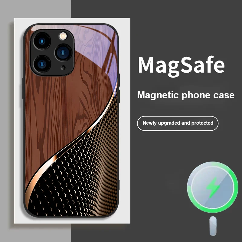 Для iPhone 11 13 15 12 14 Pro XS Mini 8 Plus 16 e X XR Магнитный стеклянный чехол для телефона с сеткой Single Song Wood Grain Business Trend