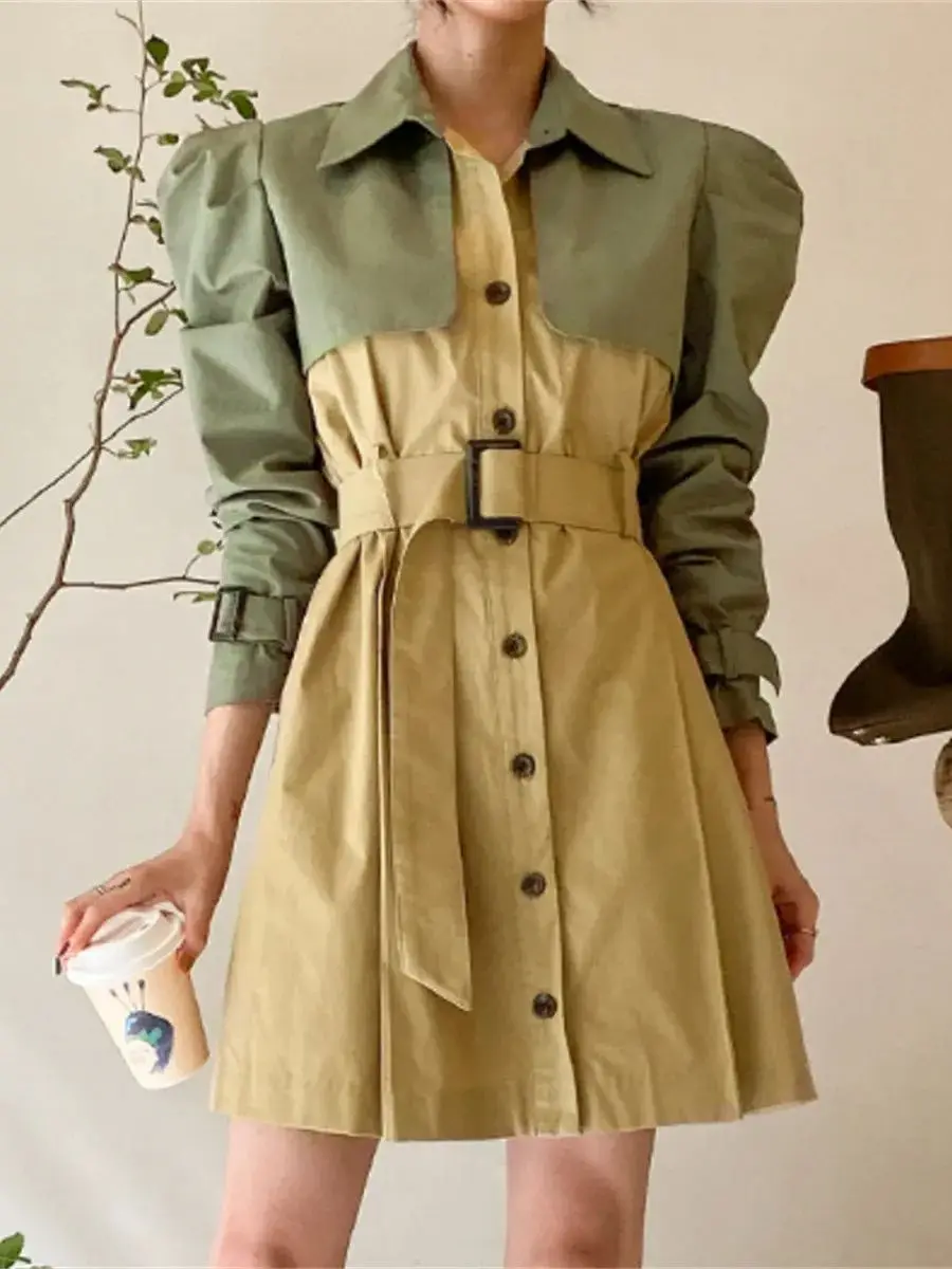 2024 Korean Fashion Lapel Long-sleeved Trench Coat Dress For Women Casual Colorblocking Single-breasted Short Dress