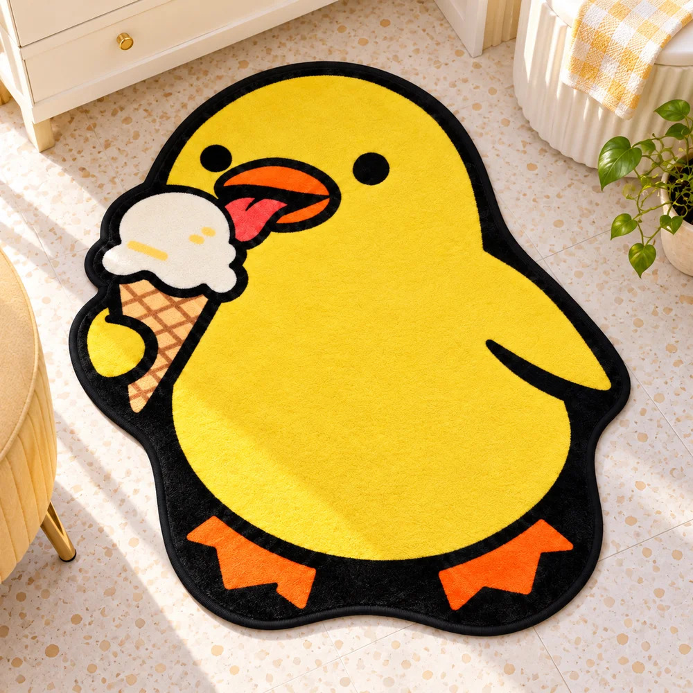 Yellow Duck Eat Ice Cream Irregular Flannel Rug, Cartoon Shaped Area Floor Mat for Living Room Bedroom Entryway Home Decor Gift