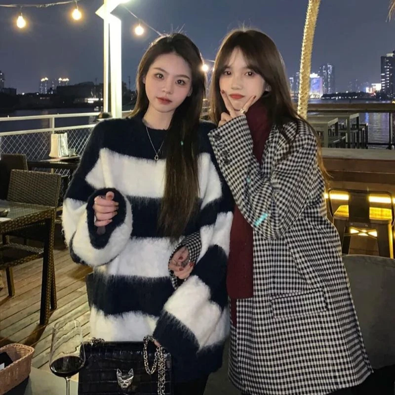 

Женский вязаный свитер с капюшоном в полоску, свободного кроя, с длинными рукавами, в стиле Y2K Harajuku, для осени/зимы, в стиле Sweet Wind, для дерзких девушек, утепленный