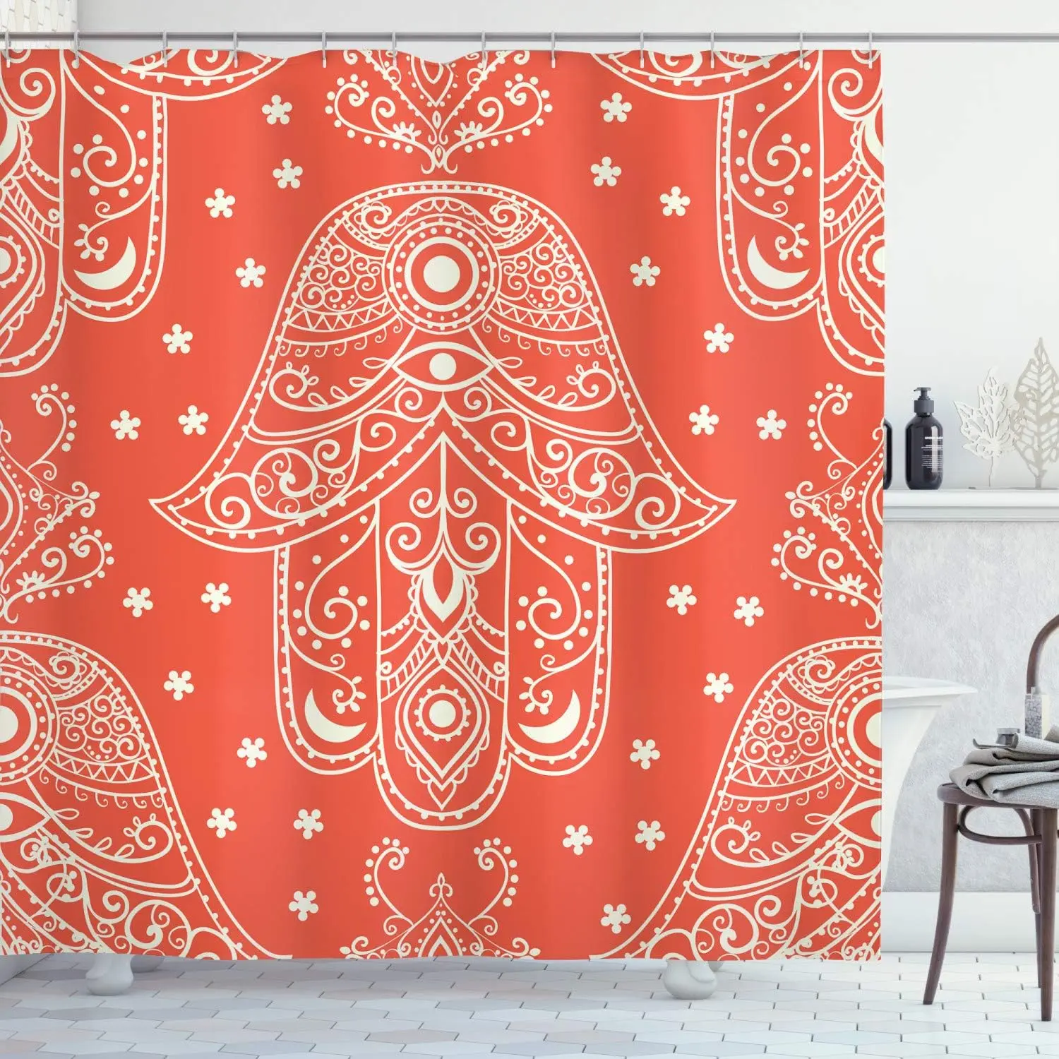 

Red Hamsa Hand Shower Curtain Boho Mandala Pattern Spiritual Bathroom Decor Linen180x210