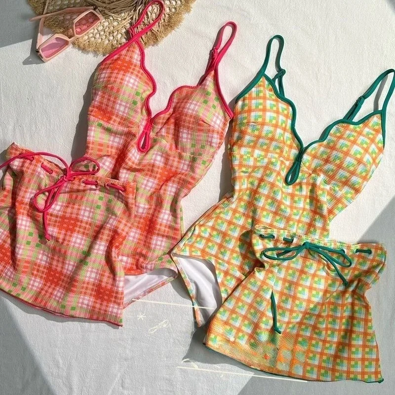 

Dopne Beach Swimsuit Slimming Plaid Cute Small Chest Japanese Sle Spor Women's Fixed Chest Pad No Sve