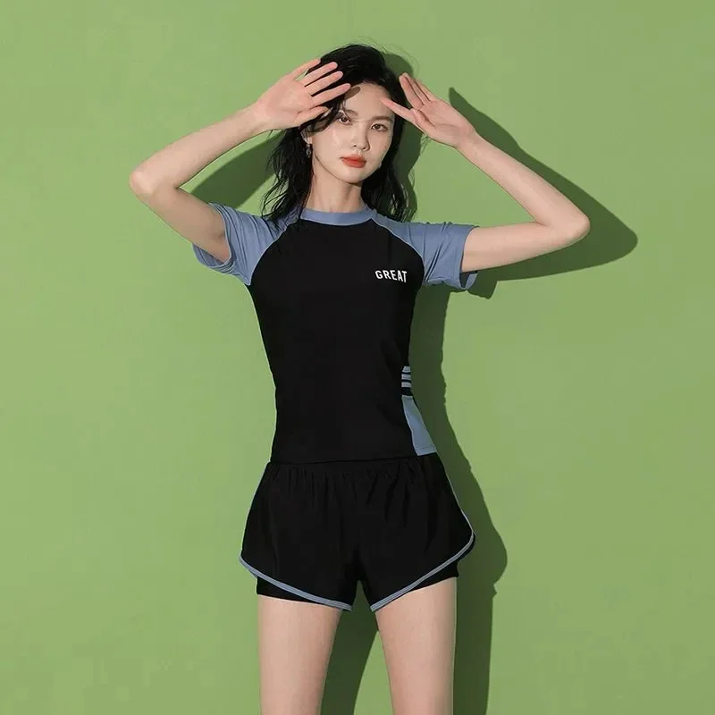 Fashion Women's Swimming Suit Ladies Patchwork Short Sleeve Swimwear 2023 Sports Pool Beachwear Two Piece Swimsuit With Shorts