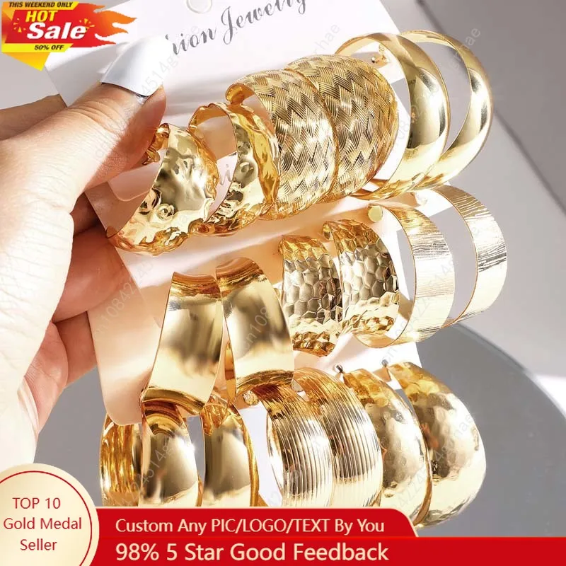 

6Pcs/Set Vintage Gold Color Big Circle Hoop Earring Set for Women Exaggerated Metal Geometric Dangle Earrings Jewelry Gifts