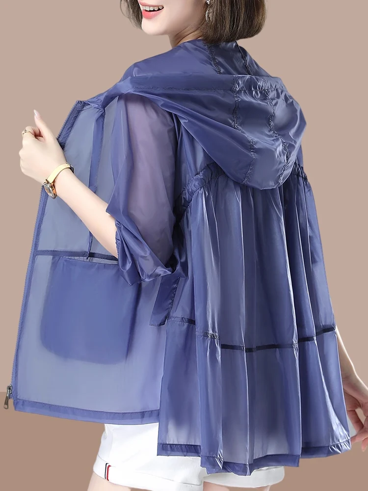

Women's Summer Lightweight Breathable Sun Protection Shirt Cardigan Outerwear Large Size Hooded Regular Sleeve Long Coat