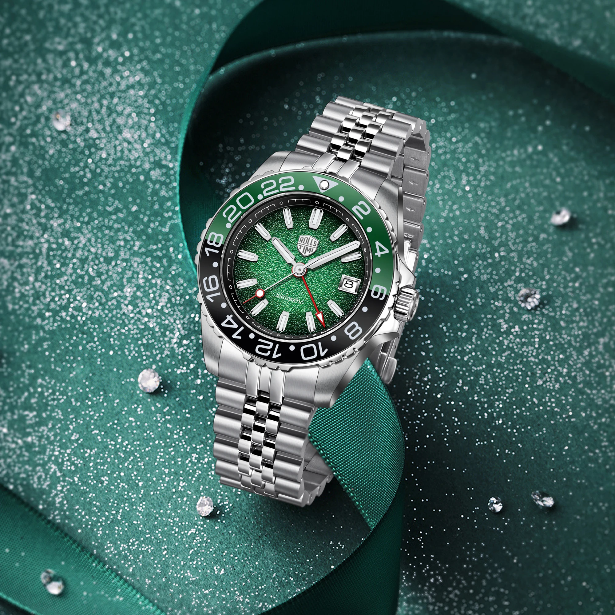 Мужские часы RollsTimi GMT, механические автоматические часы для мужчин, роскошные наручные часы из нержавеющей стали, сапфировое зеркало, роскошные подарки