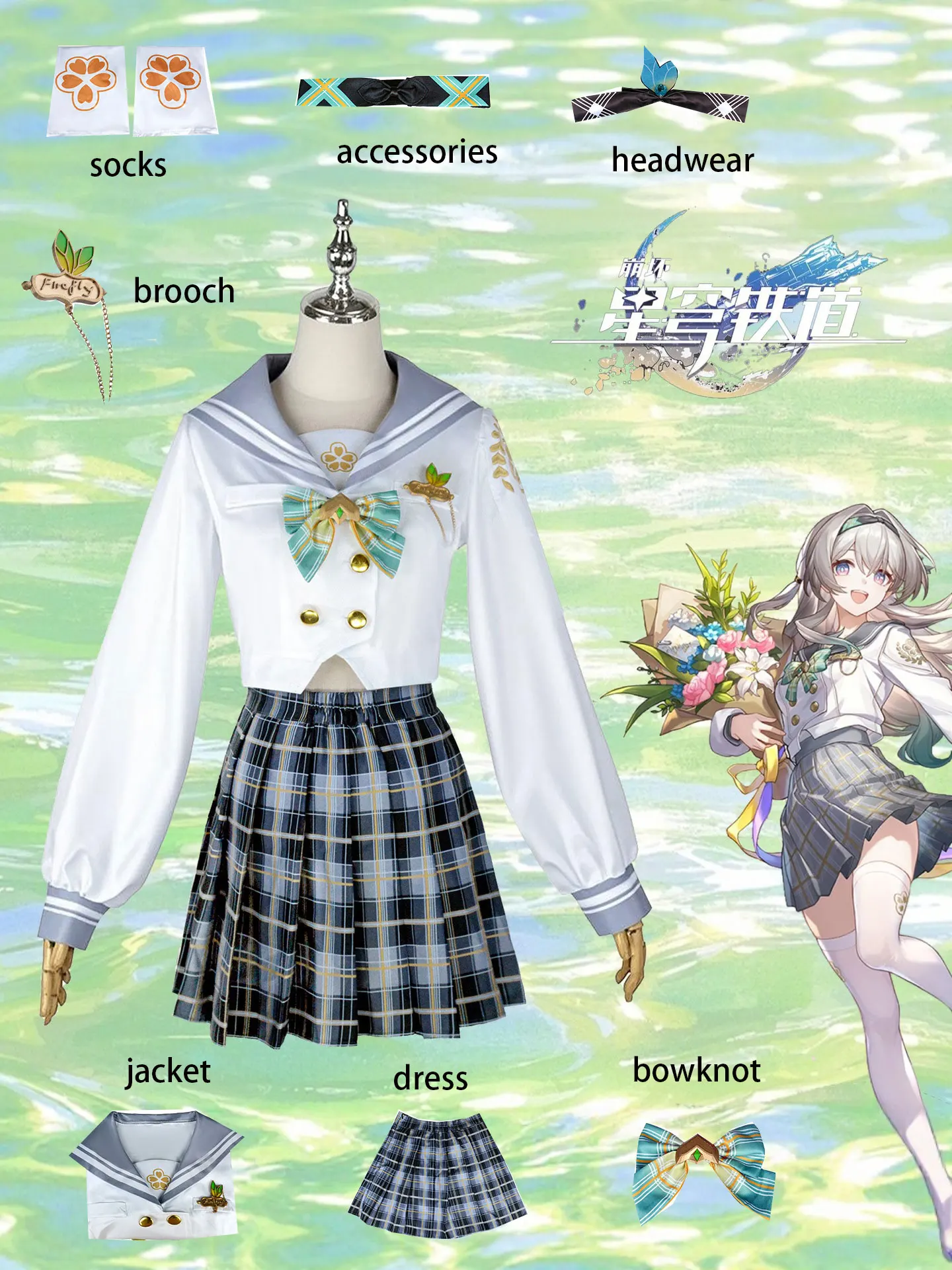 

Gray Sailor Collar Cosplay Outfit Long Sleeve Double Breasted Shirt Plaid Skirt Full Set Anime Theme Party Costume